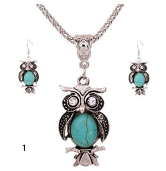 Bohemian Turquoise Owl Jewelry Set with Necklace & Bracelet